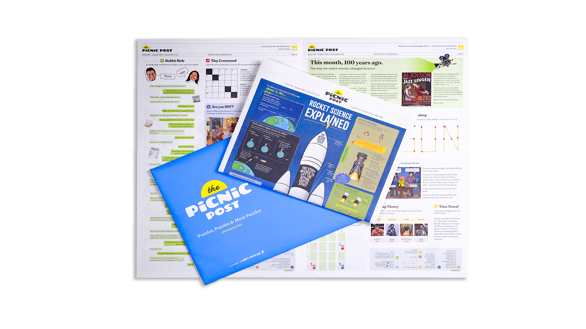 The Picnic Post shown with its ‘Rocket Science Explained’ issue — a monthly newspaper of puzzles, games, trivia and explainers